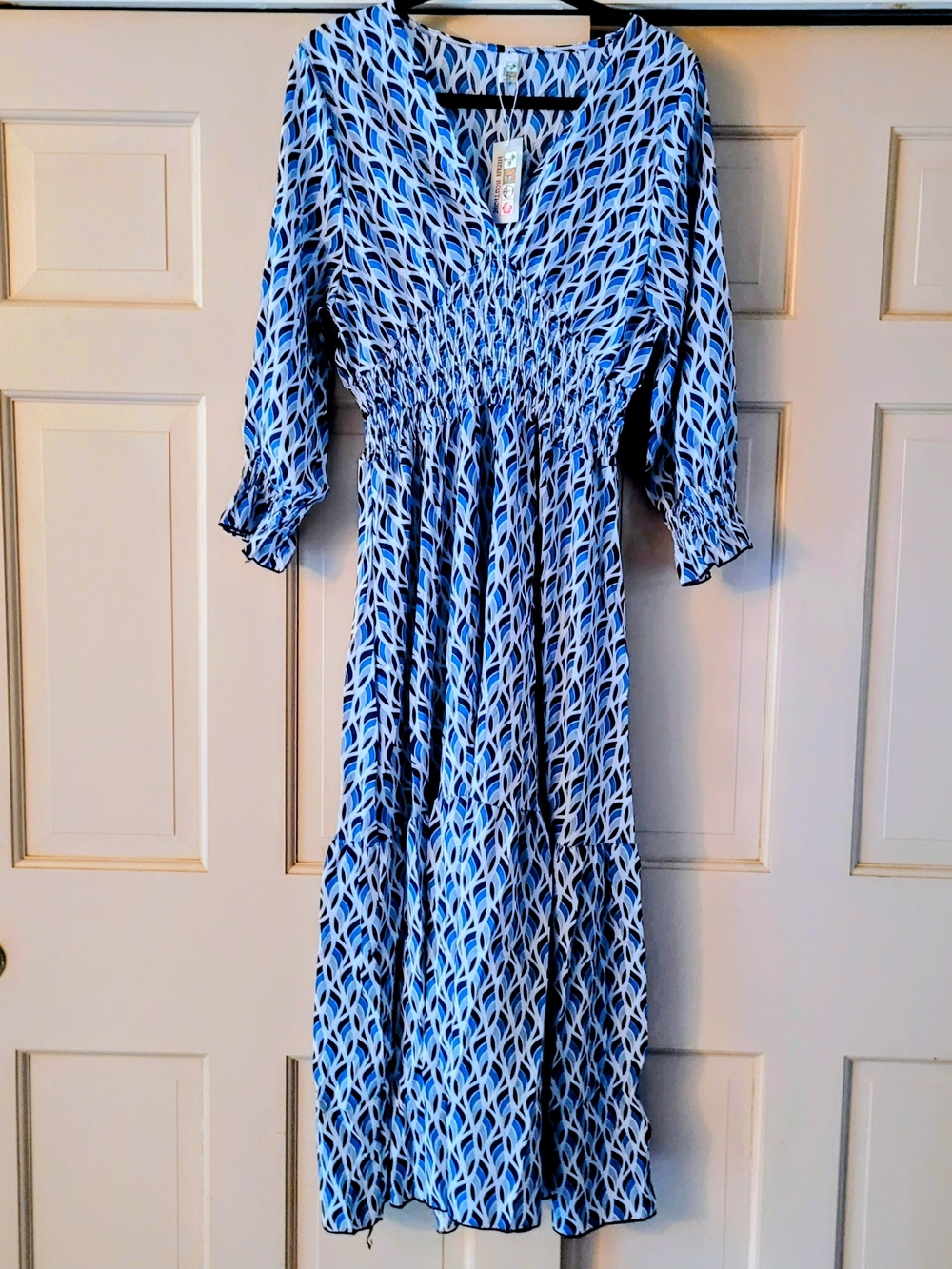 India Boutique Blue Patterned Maxi Dress with Smocked Waist OS